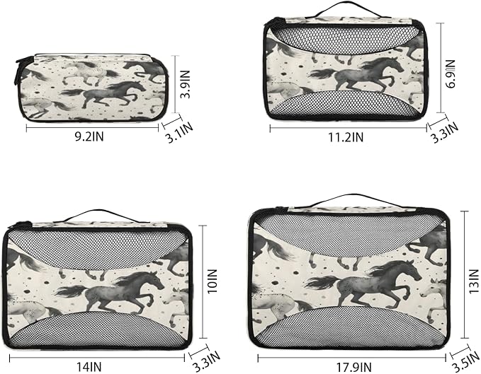 Horse 4 Set Travel Packing Cubes for Accessories, Suitcase Organizers Luggage Bags Set with Double Zippers & Mesh Top
