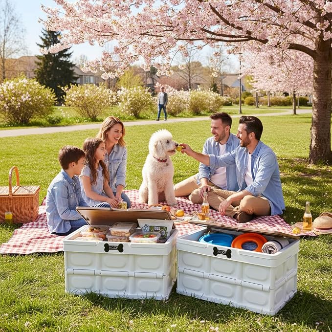 Morezi Outdoor dog toy bin chew proof box storage in plastic foldable designed dog stuff organizer great for pet food organizing toys leashes clothing in outside cream