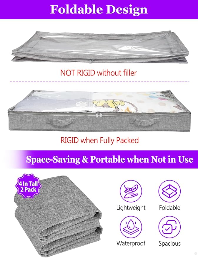 4-in Low Profile Under Bed Storage, No Structure, 2-Pack, Gray | 4" Ultra-Slim, Clear Lid, Reinfoced Handles & Smooth Zips, Dustproof & Waterproof, for Low Bed, Couch, Crib Storage