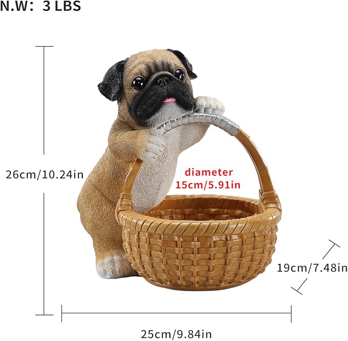 Cute Pug Candy Bowl, Resin Dog Figurine Key Bowl for Entryway Table, Desktop Storage Basket Organizer for Desk, Unique Pug Lover Gift