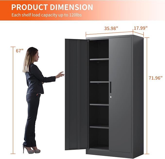 Metal Storage Cabinet for Garage, Tool Cabinet, Utility Cabinet | Oversized Tool Cabinet, Lockable, 2 Doors, 4 Adjustable Shelves, Assembly Required, Black