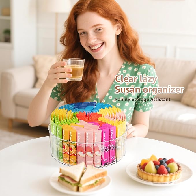 Divided Drink Packet Organizer, Largr Rotating Clear Lazy Susan Turntable | for Powdered Drink Mix, Water Drink Packet Holder, Water Flavor Packet, Coffee, Tea – Space-Saving Countertop Organizer
