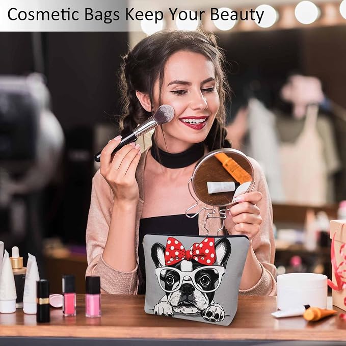 Makeup Bag French Bulldog Makeup Bags For Purse Pouch, Cute Puppy Bulldog Glasses Travel Toiletry Bag Cosmetic Bag Makeup Bags Flax Makeup Organizer Bag Pencil Pouch For Man Woman, Gray