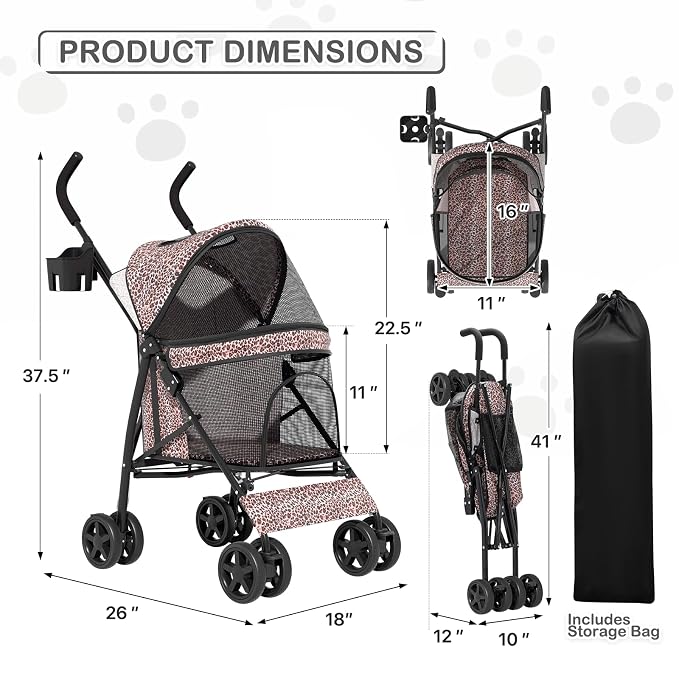 MoNiBloom Pet Stroller for Small/Medium Dogs and Cats, Leopard Print | Foladble 4 Wheels Easy-Fold Puppy Cage Jogger Stroller with Sun Cover, Pad and Rear Storage Bag, Breathable and Visible Mesh