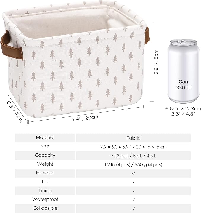 Sea Team Collapsible Fabric Storage Cube Bins Organizer with Handles | Canvas Storage Baskets for Closet Shelf Organization and Organizing Solution, 7.9 x 6.3 x 5.9 Inches, Gray, 4-Pack