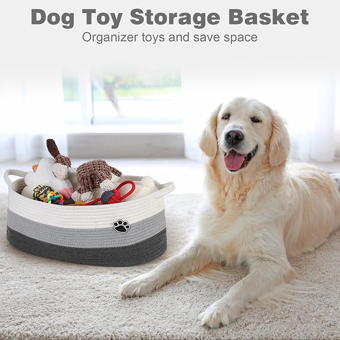 Optish Dog Toy Basket, 30L Toy Box and Bin for Dog Cat Storage, 19.7" X 11" X 7.9" Large Woven Rope Basket for Blankets, Living Room, Bedroom, White & Grey