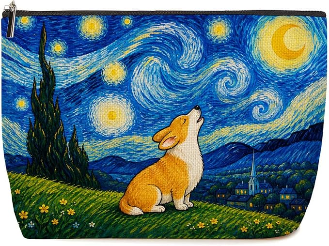 Starry Night Corgi Makeup Bag Cute Dog Cosmetic Bag Gifts for Women | Durable Travel Organizer Pouch for Women, Outdoor Portable Toiletry Bag, Christmas Birthday Gift for Mom Friend, Dog lovers