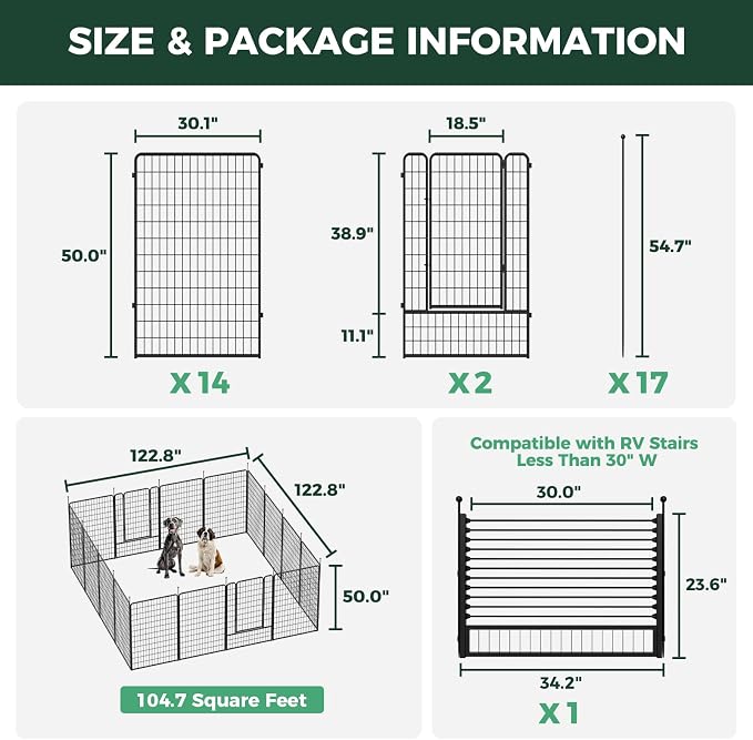 FXW Rollick Dog Playpen with RV Step Grid for RV Camping, 50" H, 16 Panels | Easy Setup & Sturdy, Blocks RV Stair Gaps, Fits RV Steps up to 30"W, For Large Dogs, Patented