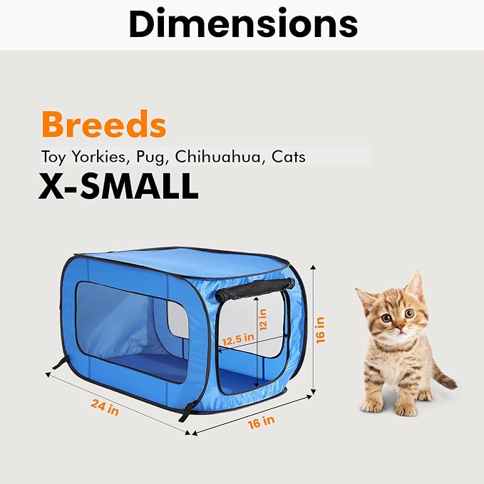 Portable Collapsible Pop Up Kennel, 24"L x 16.6"W x 16"H, Blue | Collapsible indoor/outdoor travel cat and dog crate with mesh screen windows pops up and folds flat for easy storage