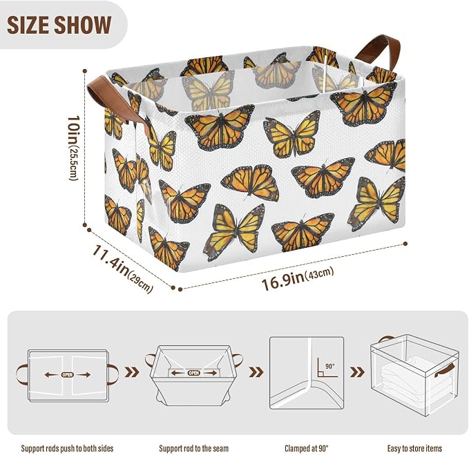 Watercolor Monarch Butterfly Storage Basket Foldable Cube Storage Bins with Handles&Label Waterproof Collapsible Organizer Box Bin Large Rectangle Decorative Baskets for Shelves Home Room Laundry-2 PC
