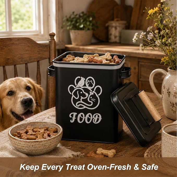 Airtight Dog Treat Container Set of 2 | Iron jars, 26 cup capacity, food-grade coated, includes 1 scoops, keeps treats fresh, fits kibble & biscuits,black
