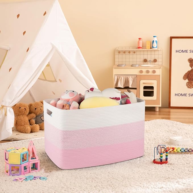 OIAHOMY 108L Extra Large Blanket Basket Dog Toy Basket Pink&White | Rectangle Woven Baskets for Storage Cotton Rope Basket For Living Room Toy Storage Blanket Storage Laundry Basket