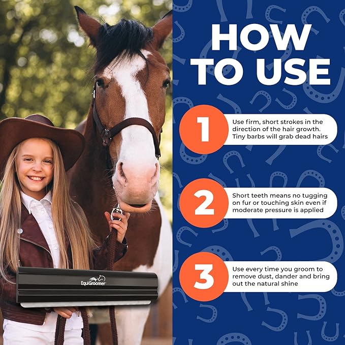 EquiGroomer Deshedding Brush, 8-Inch for Horses and Large Pets, Black, Removes Loose Dirt, Hair, and Fur, Professional Undercoat Grooming Tool