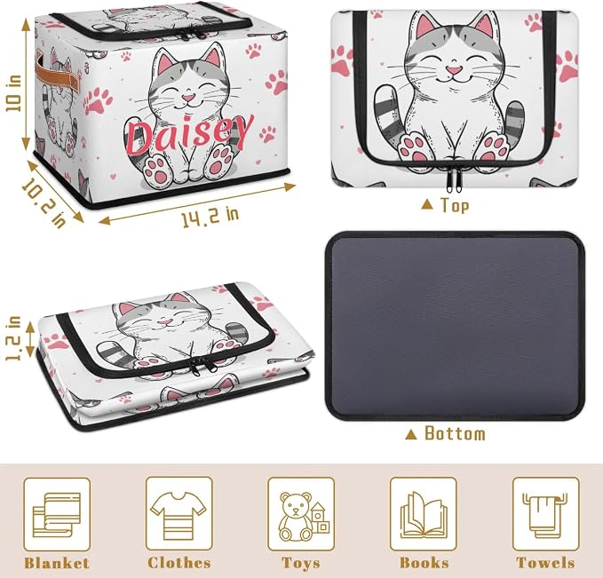 Custom Cute Cats Footprint Storage-Bin With Zipper Lid for Kids-Girls-Boys-Baby-Pet,Personalized Name Foldable Storage Box with Handle,Baby Basket With Label for Bedroom Nursery Toy Clothes,White
