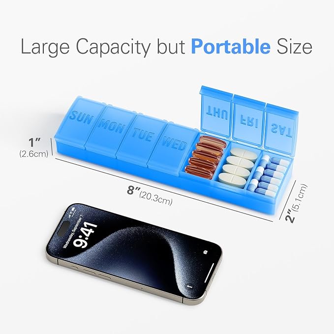 Barhon Pill Organizer Large, Weekly Pills Organizer Pill Box, Medicine Pill Organizer Travel, 7 Day Pill Case for Big Vitamin Supplements Fish Oil, Blue