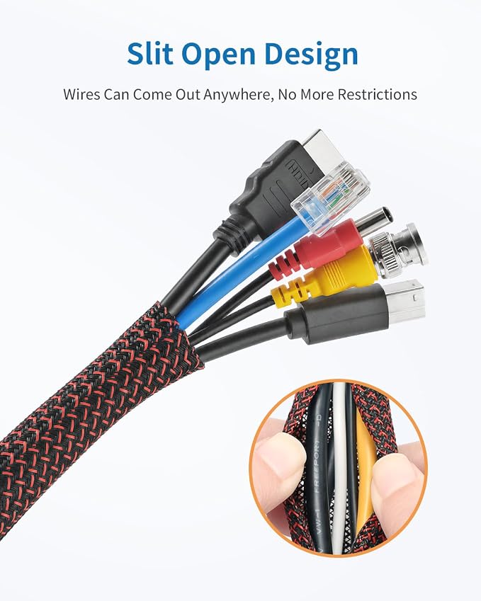 Yecaye 10ft - 1/2 inch Cord Protectors from Pets no Chew, BlackRed | Split Cable Management Sleeves, Wire Loom Tubing for TV USB Cord Protector, Cord Covers for Pets Bite-Resistant