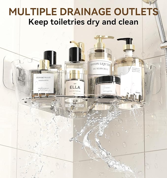 Corner Shower Caddy 3 Pack Clear Acrylic Bathroom Organizer Caddy | Large Capacity, Corner Shower Shelves with Soap Holder and Hooks, Waterproof and Rustproof, Multiple Drainage Holes