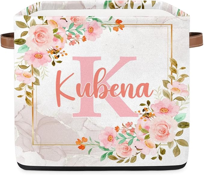 Personalized Name-Initial Pink Flower Storage Baskets for Girls Kids, Custom Portable Square Storage Bins with Handles Foldable Organizer for Clothes, Toys, Blanket, Towel,Pet 13”