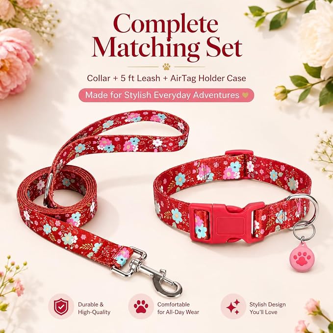 Floral Matching Dog Collar and Leash Set with AirTag Holder-Red Daisy/XS | Anti-Lost,Adjustable Durable Pet Collar Leash Combo for Puppy X-Small Boy Girl Dogs,Outdoor Walking Hiking Training Running