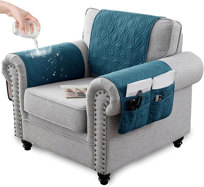 Waterproof Armrest Chair Covers with 6 Side Pocket 1 2 3 Seater Anti-Slip Chair Headrest Cover Armchair Slipcover Washable Protector for Pets Leather Sofa Couch (Aqua Blue,1 Seater 3PCS)