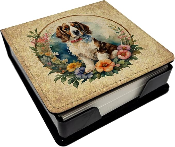 Caroline's Treasures Welsh Springer Spaniel and Flowers PU Leather Note Paper Holder with Artist-Designed Cover, Desk Accessory, Office Gift