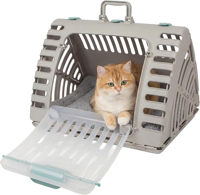 SportPet X-Large Hard-Sided Travel Cat Carrier - Cat Carrier with Patented Wide Side-Opening Door, Foldable Portable Pet Carrier with Removable Bed for Cats & Small Pets up to 35lbs - Gray