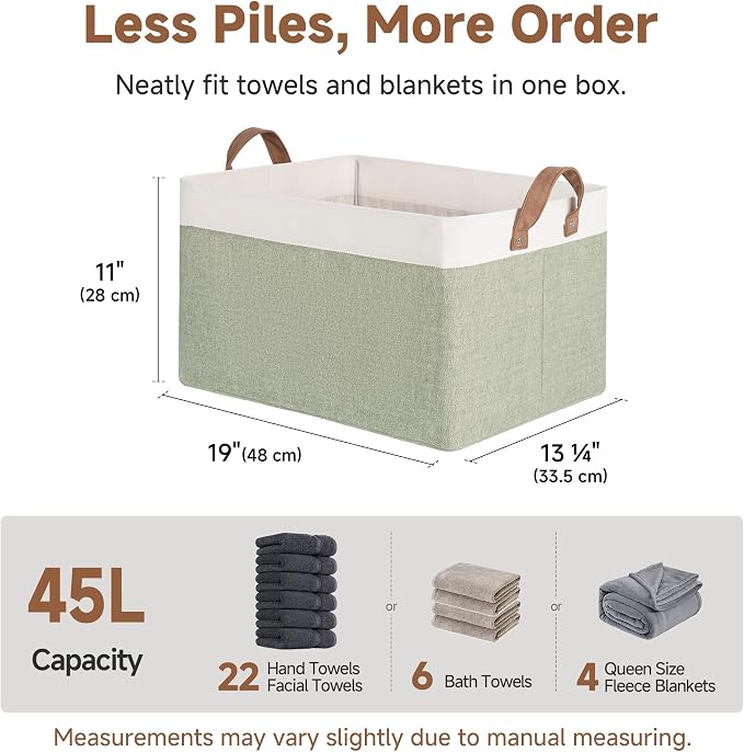 StorageWorks Closet Storage Bins, Green and White, Extra Large, 2-Pack | With Reinforced PU Handles, Metal Frame, Collapsible, Storage Basket for Shelves, Closet, Holds Clothes, Towels, Blankets