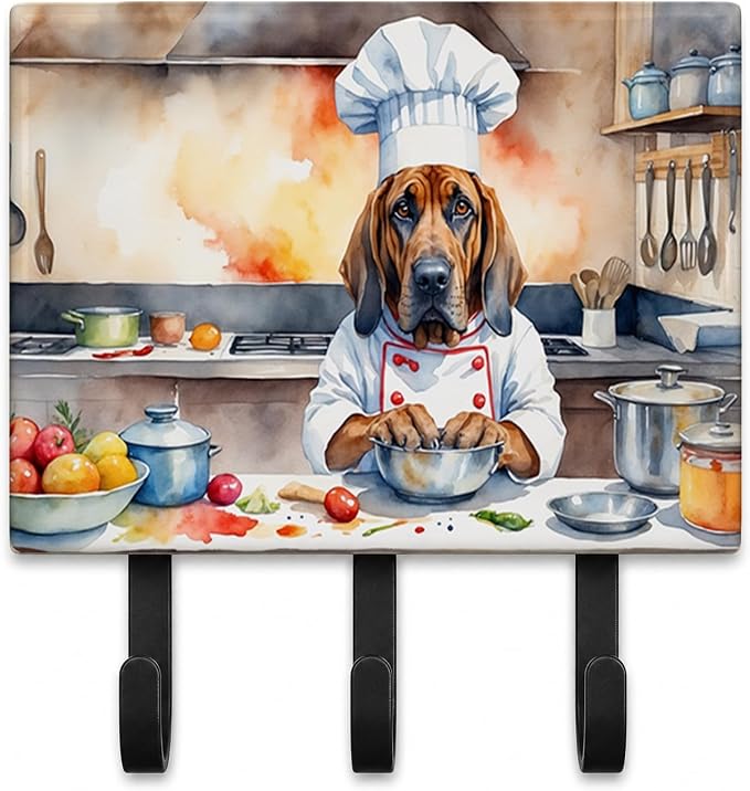 Caroline's Treasures Bloodhound The Chef Leash or Key Holder Wall Hooks, Key Hooks Holder, Coat Rack Wall Mount, Coat Hooks, Hooks for Hanging Keys, Towels, Aprons, Leashes | Bloodhound The Chef artwork on ceramic tile with three steel hooks for keys, ...