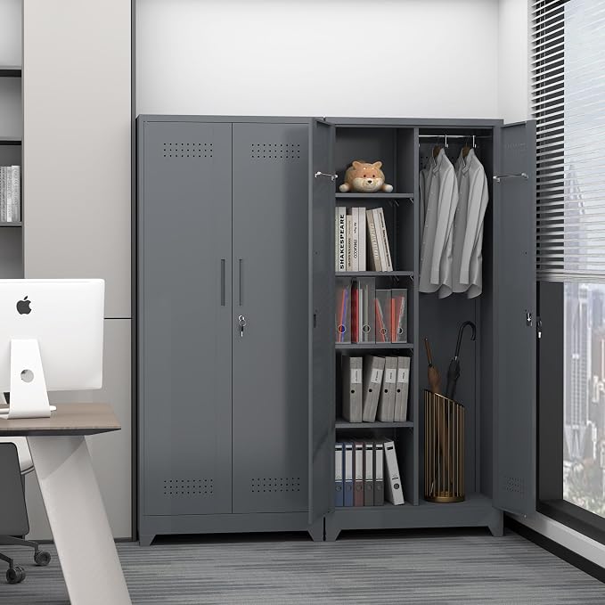 72.8" H Metal Garage Storage Cabinets, Metal Storage Cabinet with Hanging Rod & S-Hooks, Broom Closet Storage with Shelves, Functional Storage Cabinets for Garage, Warehouse, Grey
