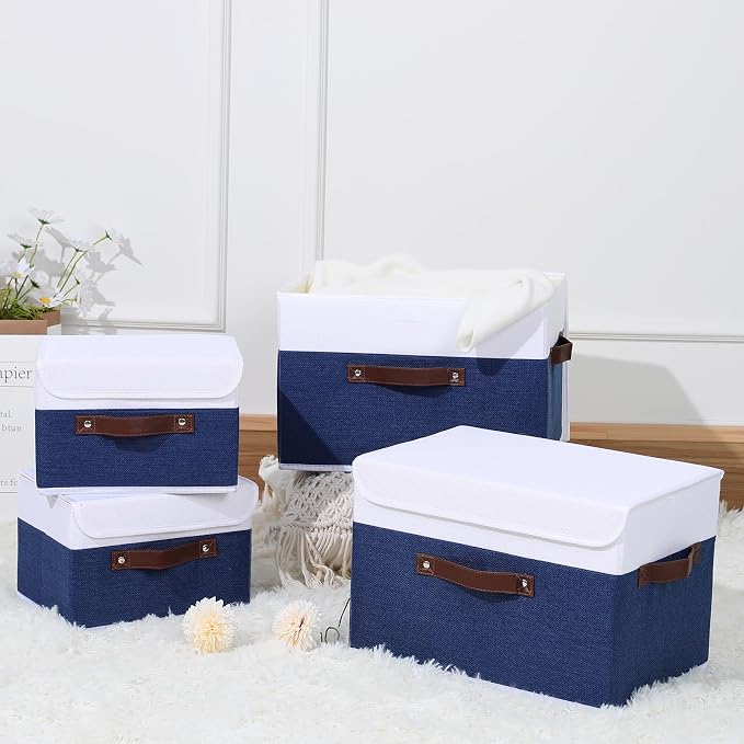ANMINY Fabric Storage Box Bins with Lids, Blue White, 15"x10"x10" | Keepsake Memory Storage, Cotton Linen, PP Board Reinforced, Washable, PU Handles, Foldable & Stackable, Decorative, Large