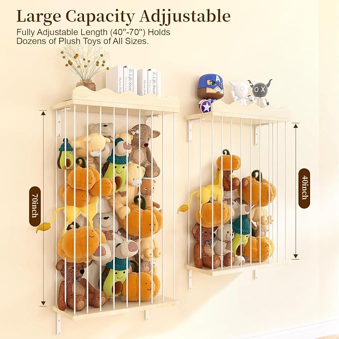 Adjustable Stuffed Animal Storage with Shelf (Patented) - Large Wooden Hanging Plush Toy Organizer - Corner Stuffy Animals Hammock Net Holder for Kids Room, Nursery, Bedroom