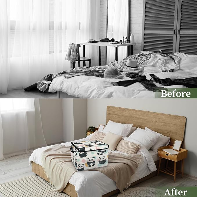 Panda Storage Bins with Lids, Cute Animal Foldable Storage Boxes with Carrying Handle Organizer Containers Baskets Cube for Home Bedroom Closet