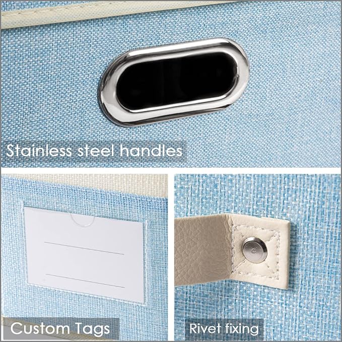 Collapsible Storage Bin with Lid [3-Pack] Fabric Foldable Storage Box Organizer Container Basket Cube with Cover for Home Bedroom Closet Office Nursery Blue&Cream(14.9x9.8x9.8)