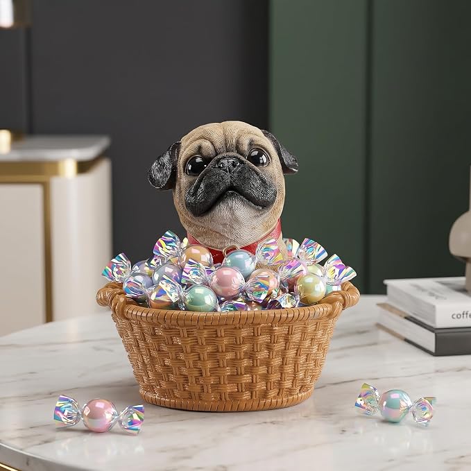 Cute Pug Candy Bowl, Resin Dog Figurine Key Bowl for Entryway Table, Desktop Storage Basket Organizer for Desk, Unique Dog Lover Gift