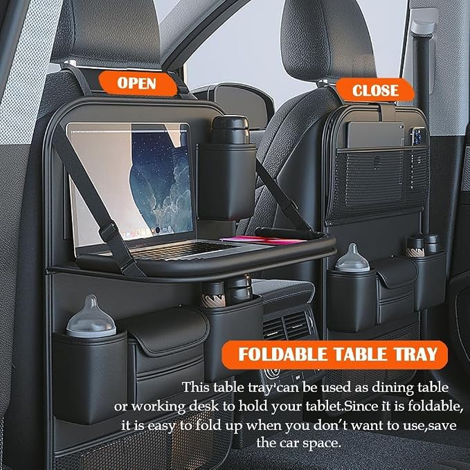 Universal Foldable Car Backseat Organizer with Table Tray, Car Seat Back Protector with Touch Screen Phone Holder, Premium Leather Kick Mats with Storage Pockets Tissue Box (Black)