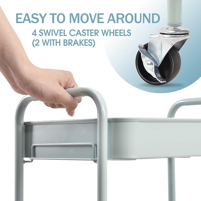TOOLF 3 Tier Metal Rolling Cart, Utility Storage Cart with Wheels, Green | Screwless Assembly, Lockable Metal Wheels, Trolley Organizer for Bathroom, Kitchen, Office, Dorm, Laundry, Craft Room