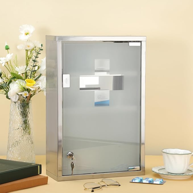 Timgle First Aid Wall Cabinet with Lock Medicine Wall Mounted Bathroom Storage Hanging Medical Cabinet with Safety Glass Door for Bathroom(3 Shelves,Silver)