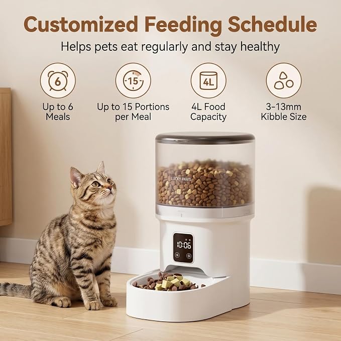 Programmable 4L Automatic Pet Feeder, Timed Auto Cat Dog Food Dispenser with Portion Control, Up to 6 Daily Meals, Dual Power Anti-Jam Pet Feeder