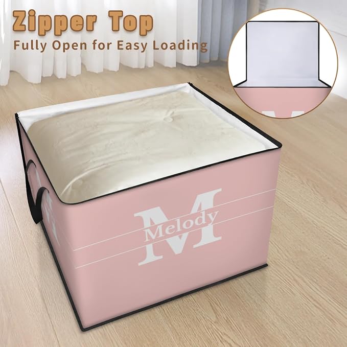 Personalized Name Foldable Storage Basket Cubes with Initial Letter, Pale Pink Quilt Comforter Storage Bin with Handles for Shelf Home Closet Bedroom