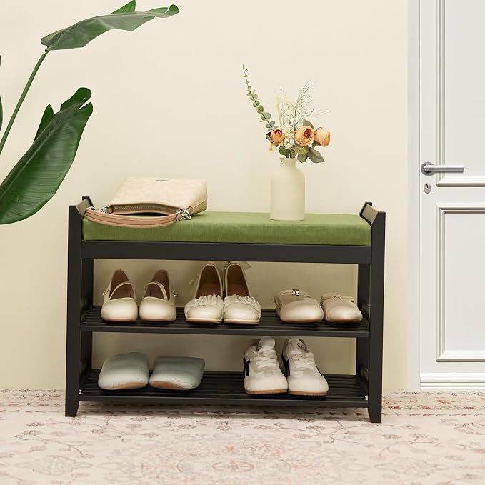 PETKABOO Shoe Rack Bench with Storage 27.6 in, Black Shoe Storage Bench with Cushion for Entryway, Hallway, Bedroom, Living Room