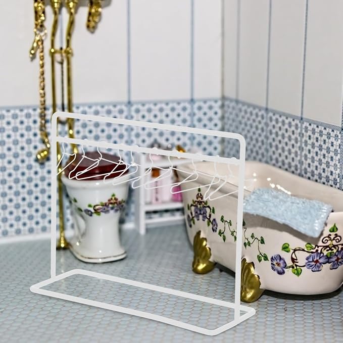 Doll Clothes Hanger Set Mini Clothes Rack with 10 Doll Hangers Metal Outfit Rack for Dollhouse Clothing Display Mini House Decor 5.90 X 4.72 X 2.16 in