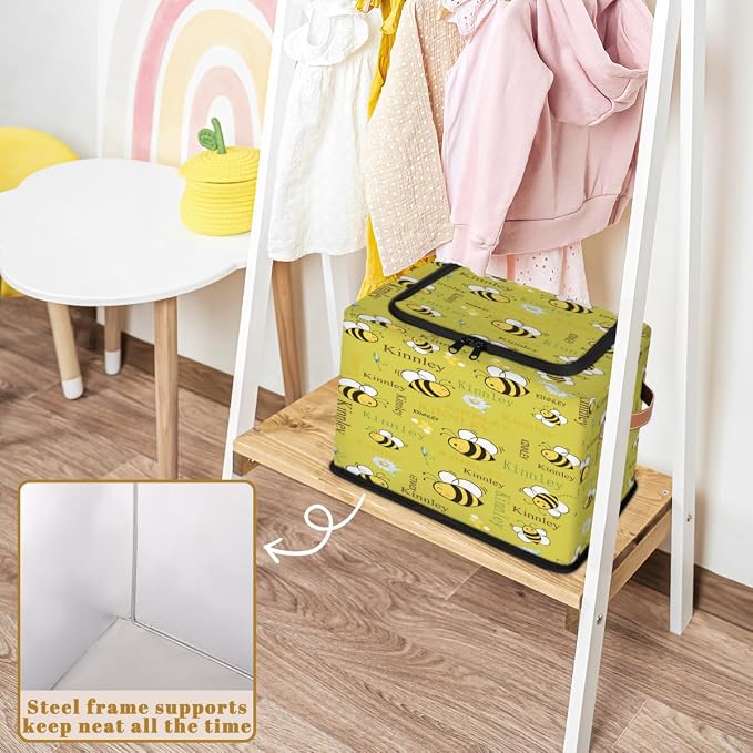 Custom Storage Baskets with Zipper Lid, Personalized Cartoon Bee with Daisy Floral Lemon Yellow Storage Bins Boxes PU Handles for Clothes Bedroom Closet Organizing Toys Books Shelves