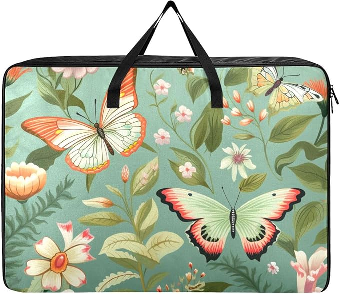 Comforter Storage Bags Large Folding Blanket Organizer Bag with Strong Handles Clear Window Closet Storage Containers for Clothes King Queen Pillows Bedding Quilt Duvet Sage Green Butterfly Flo