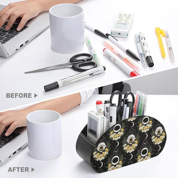 Remote Control Holder for Table Witchy Moon Floral Bee Desktop Storage Box | Makeup Brush Caddy with 5 Compartments, Witchy Gothic Moon Mushroom Floral Bee Bedside Table Organizer Office Supplies