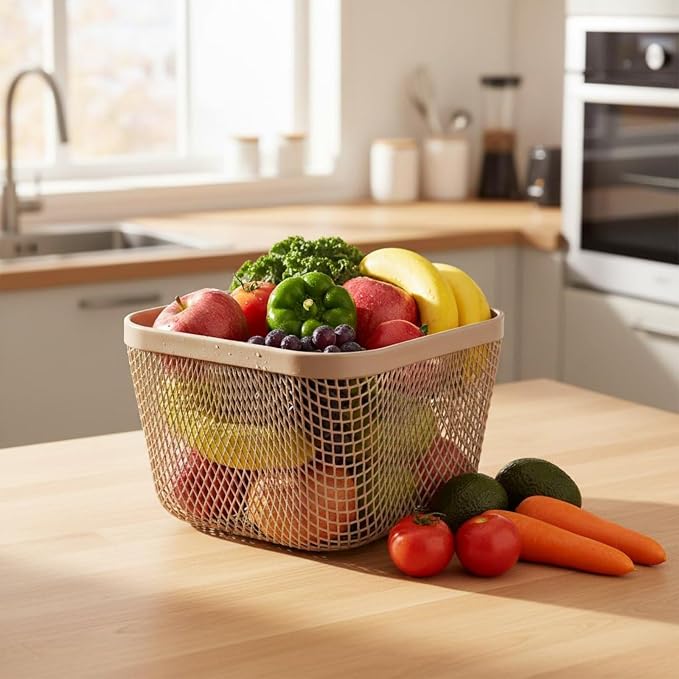 Metal Storage Basket Wire Organizer Bin Mesh Container Holder Ventilated Iron Construction With Smooth Surface For Pet Supplies Grooming Items In, Brown, Square