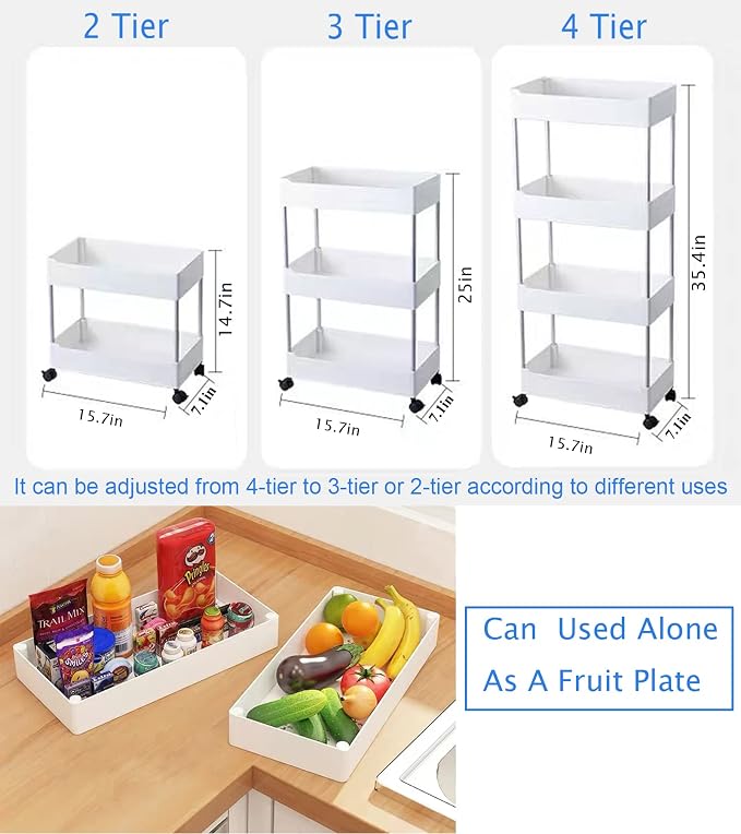 4 Tier Slim Rolling Utility Kitchen Cart Bathroom Organizer for Narrow Places Multipurpose Storage Shelve Mobile Trolley for Bedroom Laundry Office Restaurant Garage Pantry (White)