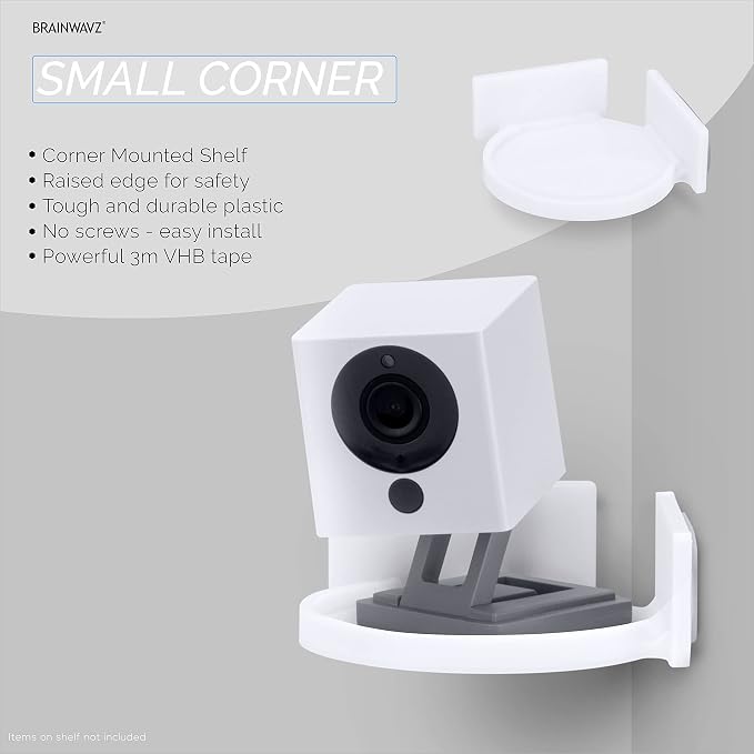 BRAINWAVZ Mini Circular Corner Shelf Mount for Security Cameras, Baby Monitors, Speakers, Plants & More, Universal Holder, Strong Adheasive, No Mess, Screwless (White)