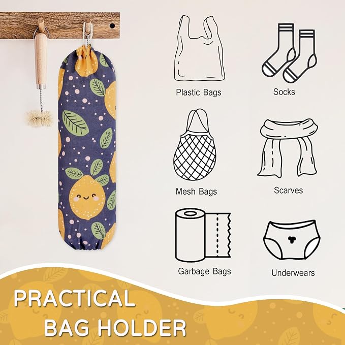Plastic Bag Holder, Reusable Grocery Bag Holder for Plastic Bags Groceries Store, Flower Canvas Trash Plastic Bag Organizer Storage Holders for Home Kitchen Pantry Decor (Blue Lemon)