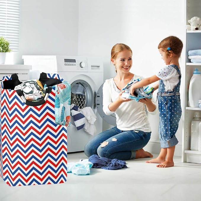 visesunny Blue and Red Wavy Stripe Large Laundry Hamper with Handle Foldable Durable Clothes Hamper Laundry Bag Toy Bin for Bathroom, Bedroom, Dorm, Travel
