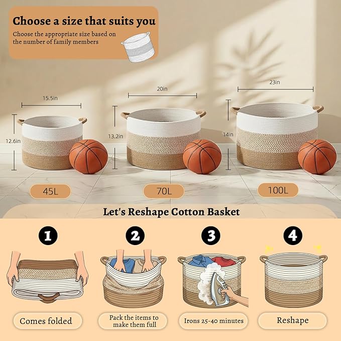 Artfeel 40L Large Cotton Rope Basket, Decorative Woven Blanket Storage for Living Room, Boho Toy Storage & Toy Box for Kids, Versatile Laundry Basket & Nursery Hamper for Blankets(Brown)